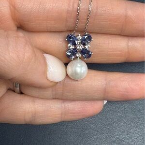 Suzy Levian Sterling Silver Blue and White Sapphire Freshwater Pearl Pendant